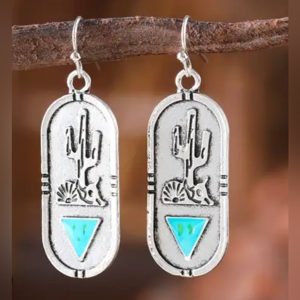 Western Turquoise and Silver Cactus bull Earrings